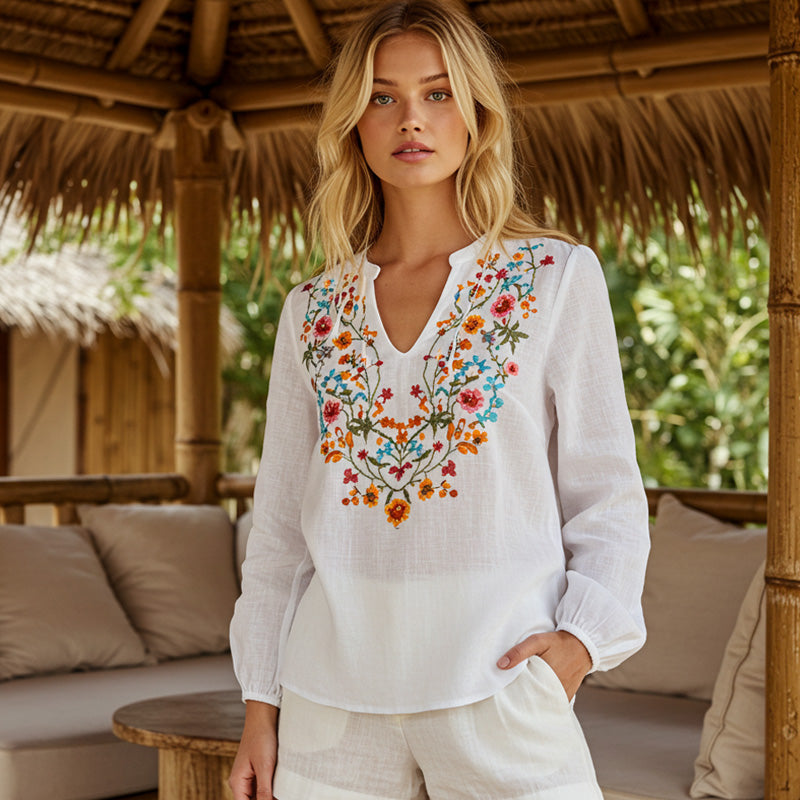 Retro Bohemian Floral Embroidery Art Graphics Cotton And Linen Blend Loose Blouse