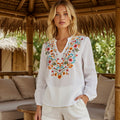 Retro Bohemian Floral Embroidery Art Graphics Cotton And Linen Blend Loose Blouse