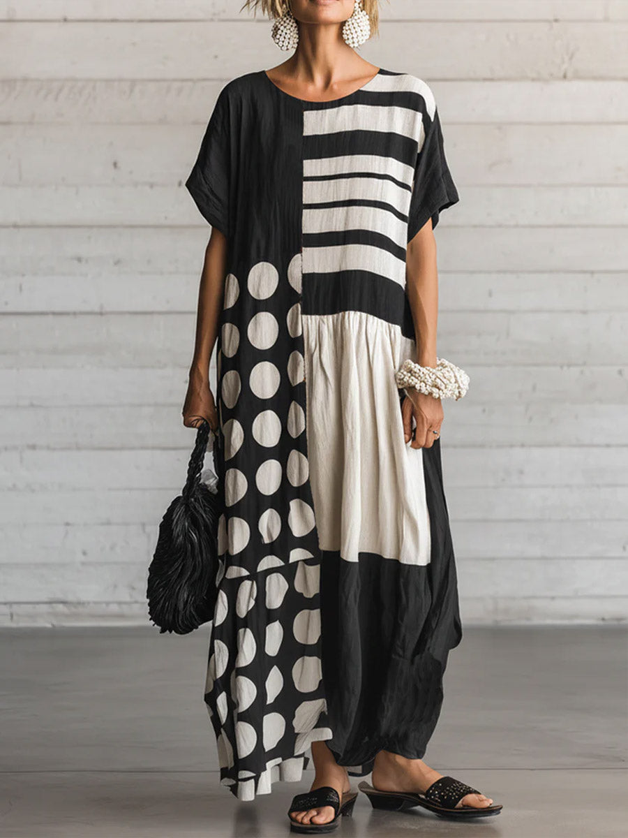 Women's Casual Loose Cotton-linen Dress With Polka Dot & Geometric Print Round Neck And Short Sleeves