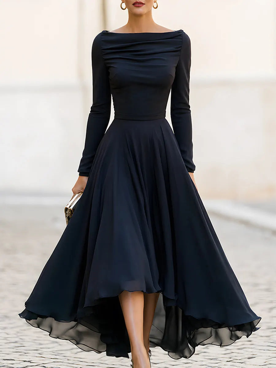 Draped Bateau Neck High-Low Maxi Dress
