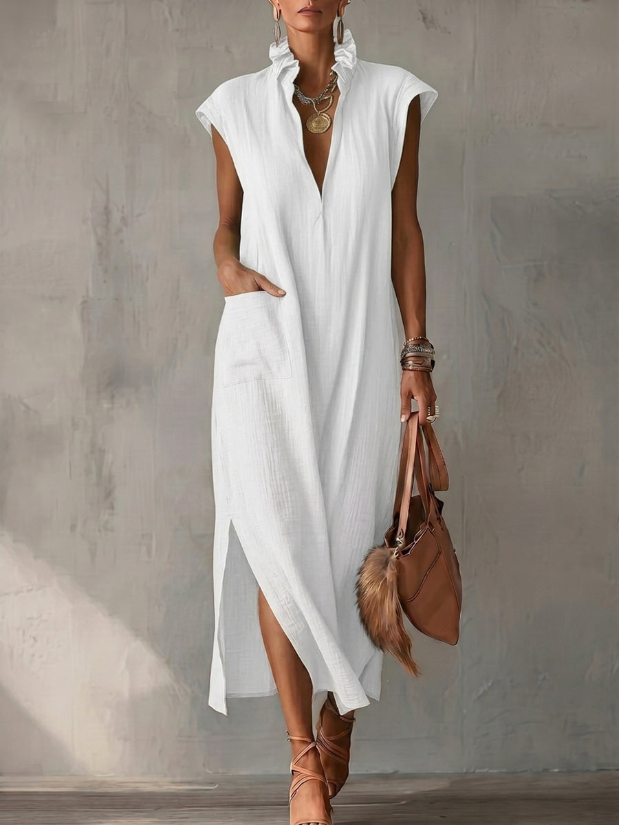 Pockets Ruffle Trim Solid Color Split-side Loose Sleeveless Stand Collar Midi Dresses