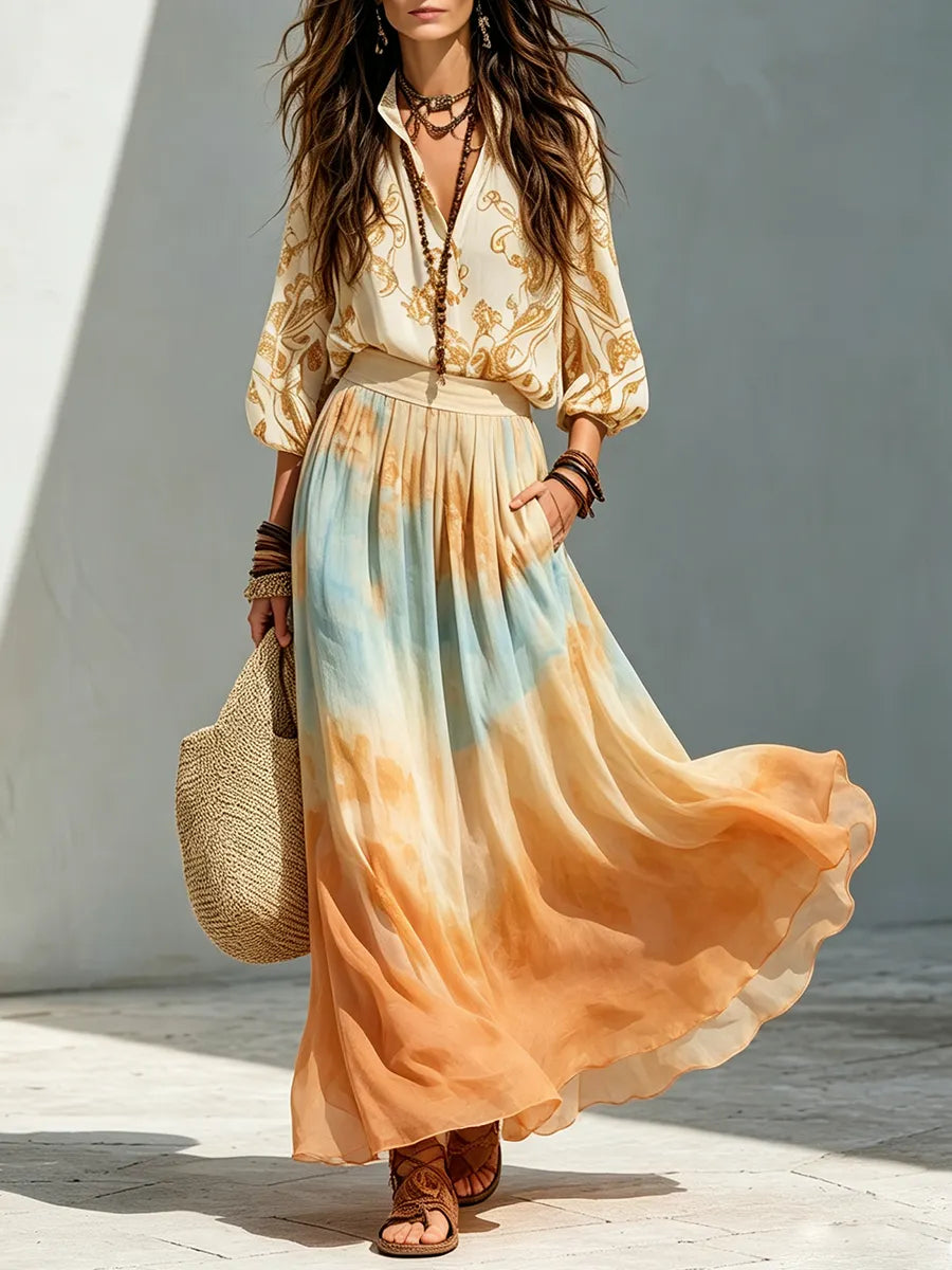Boho Balloon Sleeve Shirt And Watercolor Maxi Skirt Outfit
