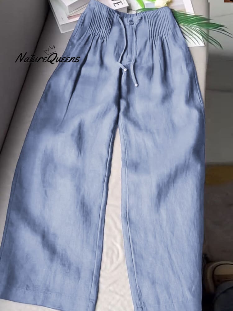 ?Limited time promotion Women's Solid Color Pleated Drawstring Casual Cotton and Linen Wide Leg Pants