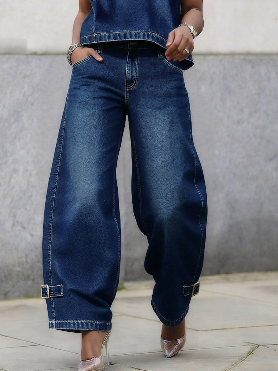 Stylish Casual Strap Detail Loose H-line Jeans