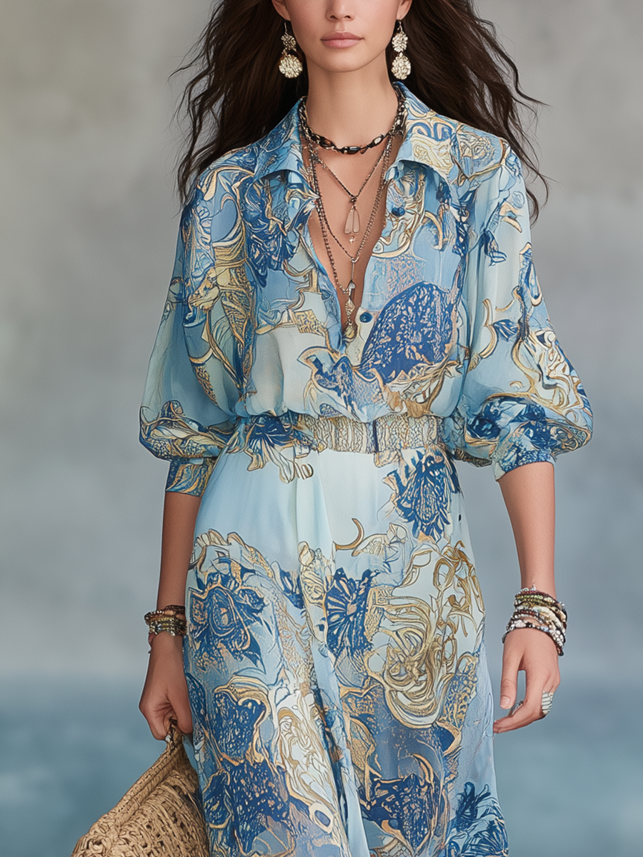 Bohemian Style Blue Floral Chiffon Three Quarter Sleeve Long Dress