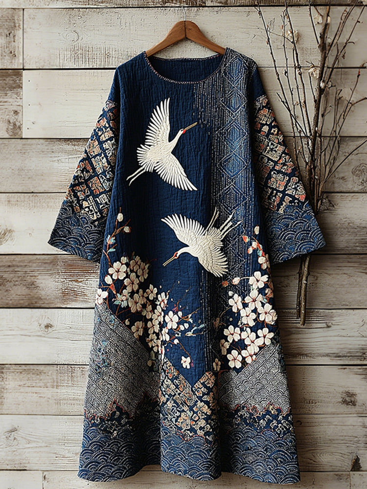 Women's Vintage Japanese Crane Art Linen Blend Round Neck Dress