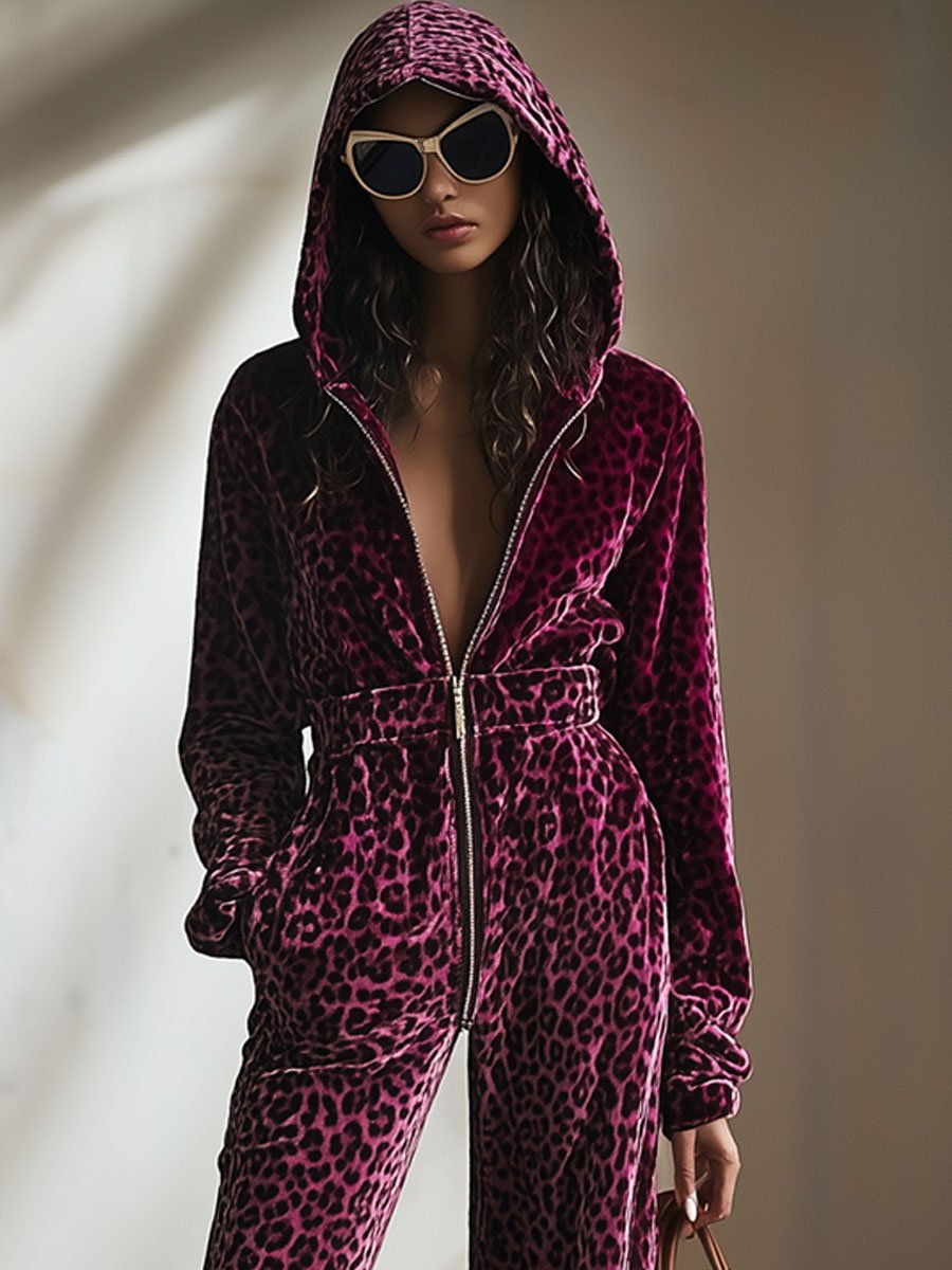 [24-hour shipping out]Casual Retro Purple Velvet Leopard Print Elastic Waist Zipper Hooded Jumpsuit