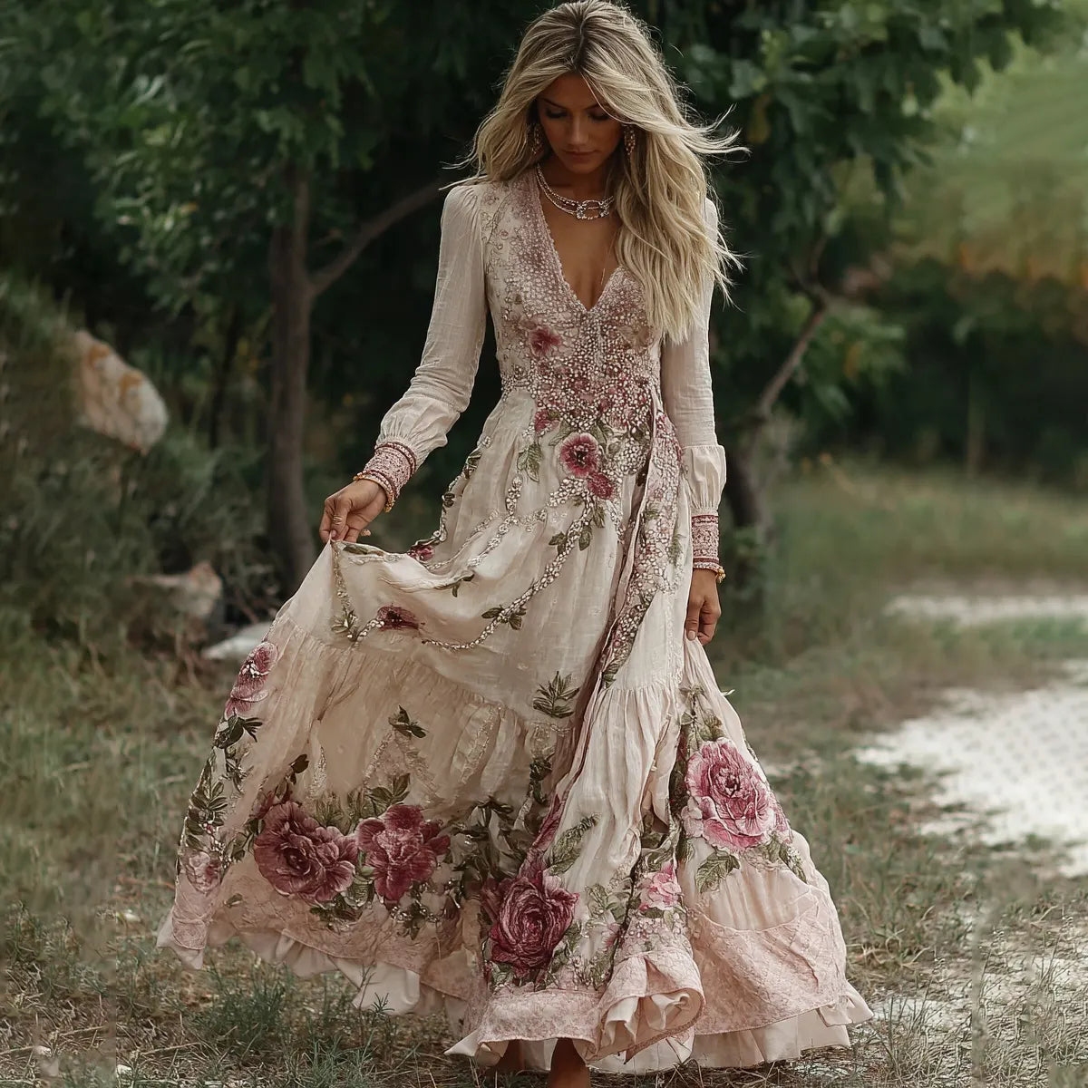 Women's Vintage Flowers Embroidery Art V-neck Long Sleeves Maxi Dress