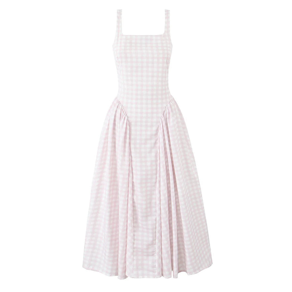 Soleina Pink or Yellow Gingham Midi Dress – Pretty Summer Day Dress with Fitted Bodice and Full Skirt