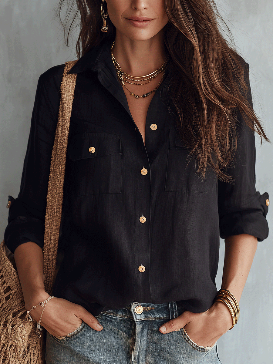Casual Elegance Black Cotton-Linen Pocket Shirt