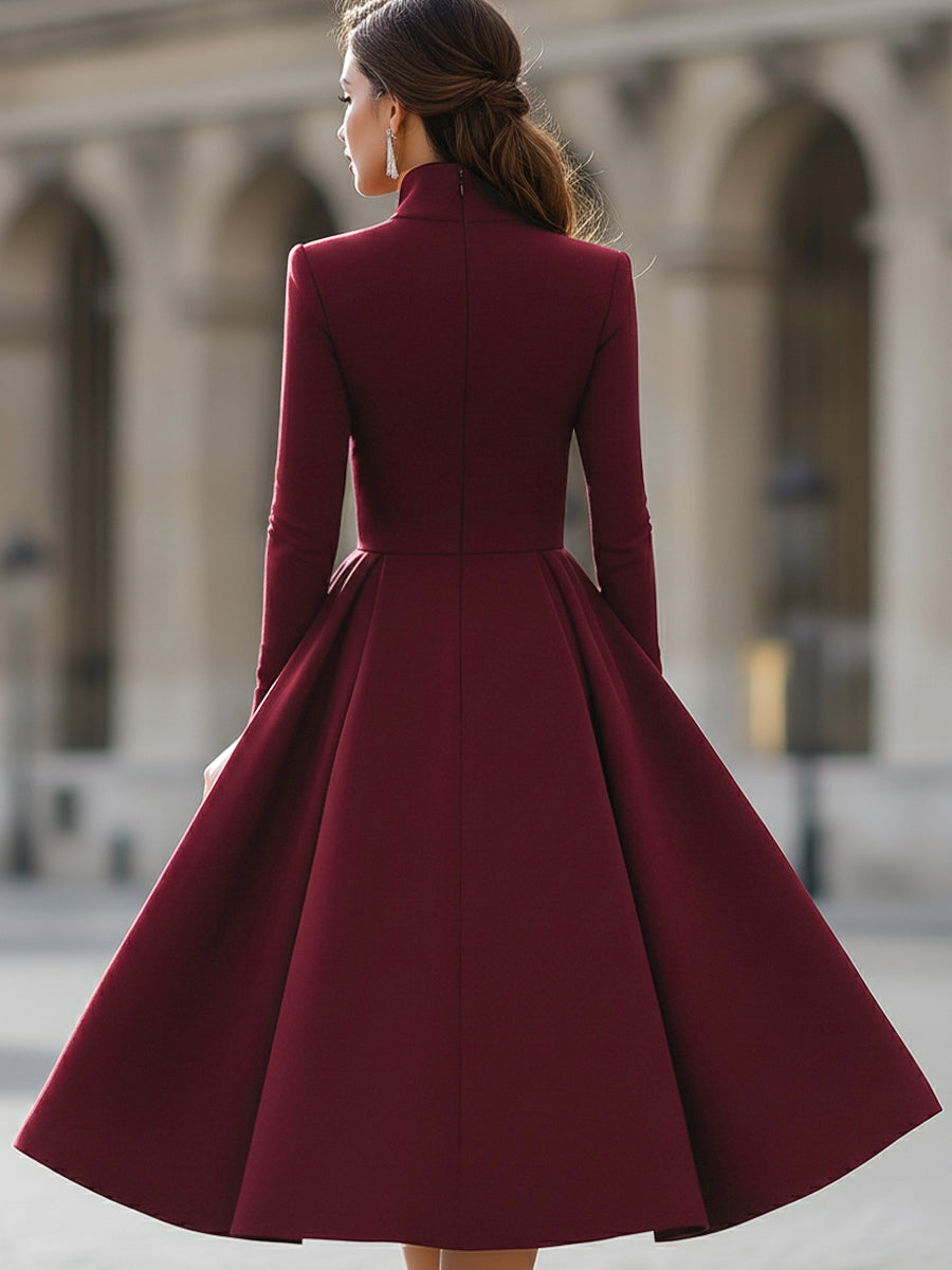 Burgundy V-Neck Full-Skirt Midi Dress