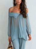 Soft Blue Off-Shoulder Draped Belted Shirt