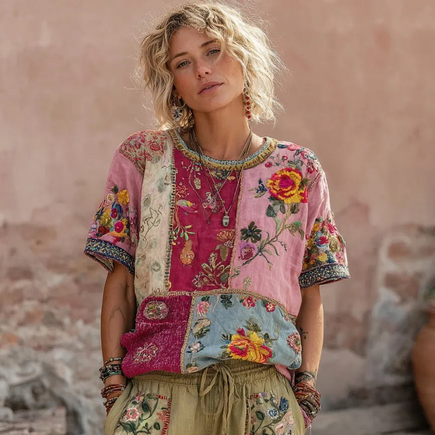 Women's Vintage Bohemian Floral Embroidery Art Round Neck Linen Blend T-shirt