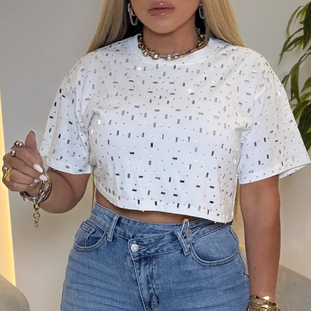 Sparkle Rhinestone Short Sleeve Cropped Knit Top