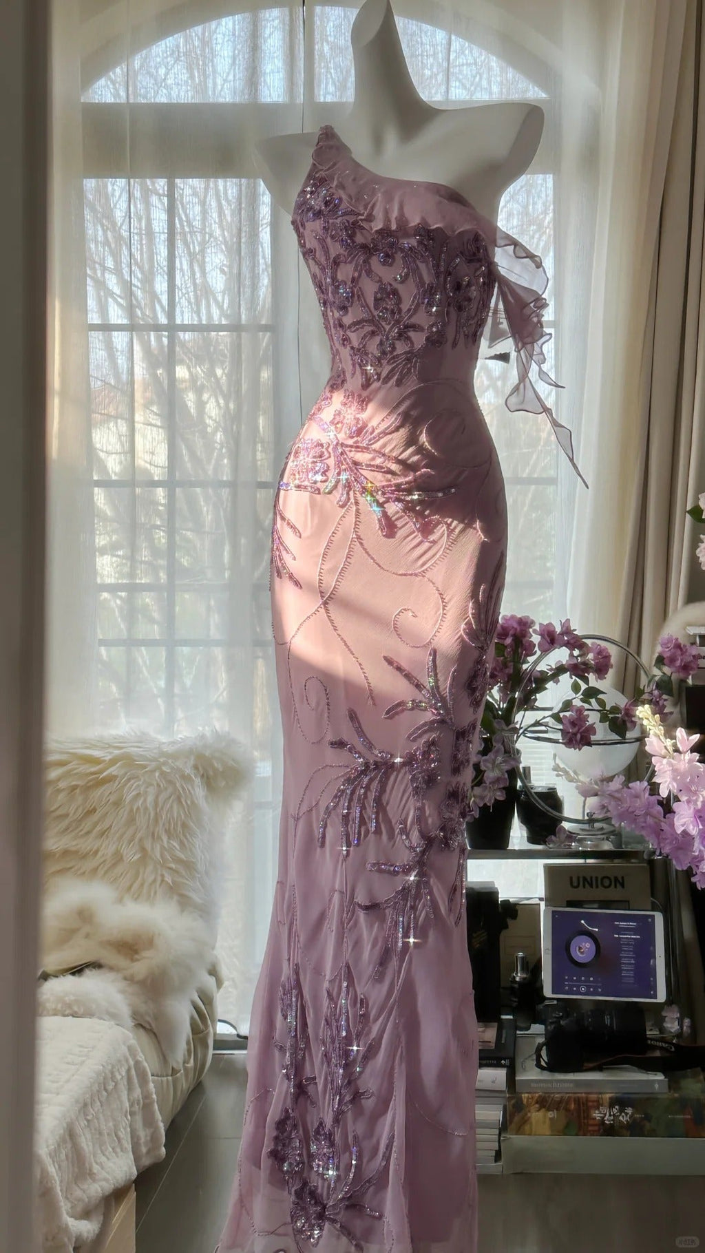 Pink Purple Romantic One Shoulder Fashion Elegant Exquisite Floral Beading Long Chiffon Ball Gown Evening Dress Birthday Holiday Party Dress Prom Dress 4012