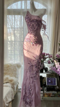 Pink Purple Romantic One Shoulder Fashion Elegant Exquisite Floral Beading Long Chiffon Ball Gown Evening Dress Birthday Holiday Party Dress Prom Dress 4012