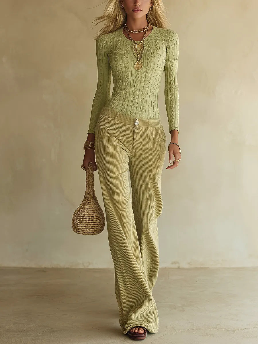 Retro Boho Cable Knit Top & Corduroy Wide Leg Pants Set