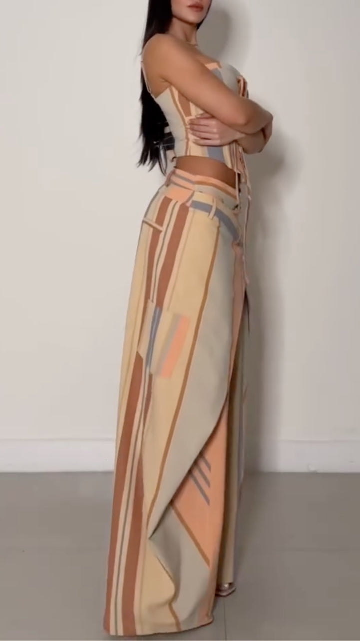 Stripe Corset Top & Wrap Overlay Wide Leg Pants Co‑Ord Set