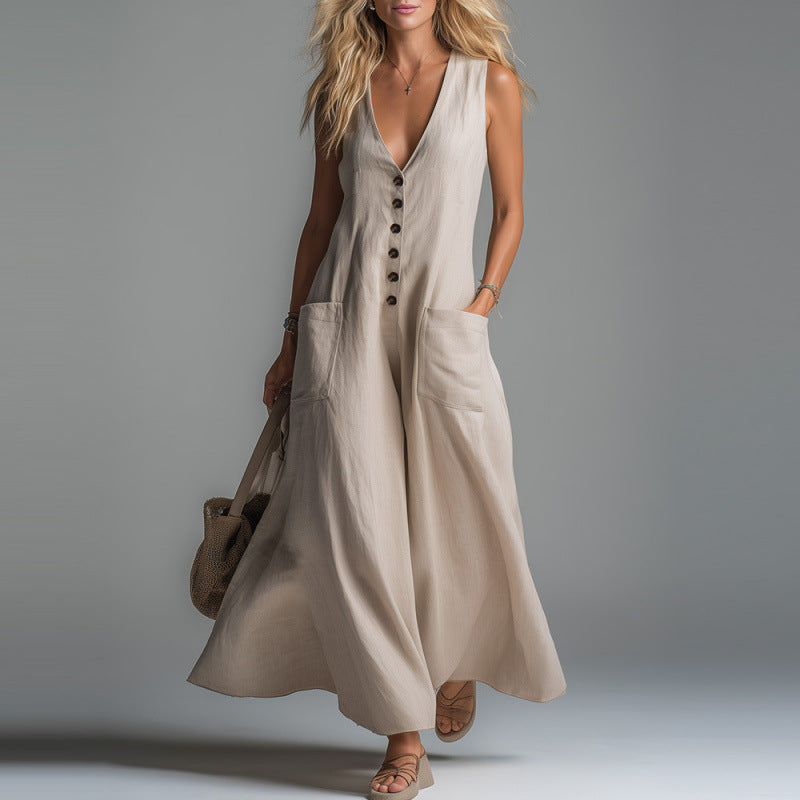 Women's Summer Deep V-Neck Button-Down Maxi Dress - Boho Loose Fit Sleeveless Long Sun Dress with Pockets