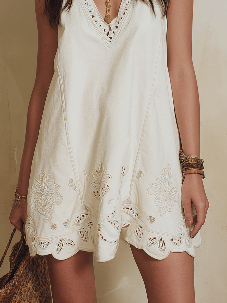 Elegant Vacation Boho Eyelet Flowy Embroidered Resort Ivory Mini Dress