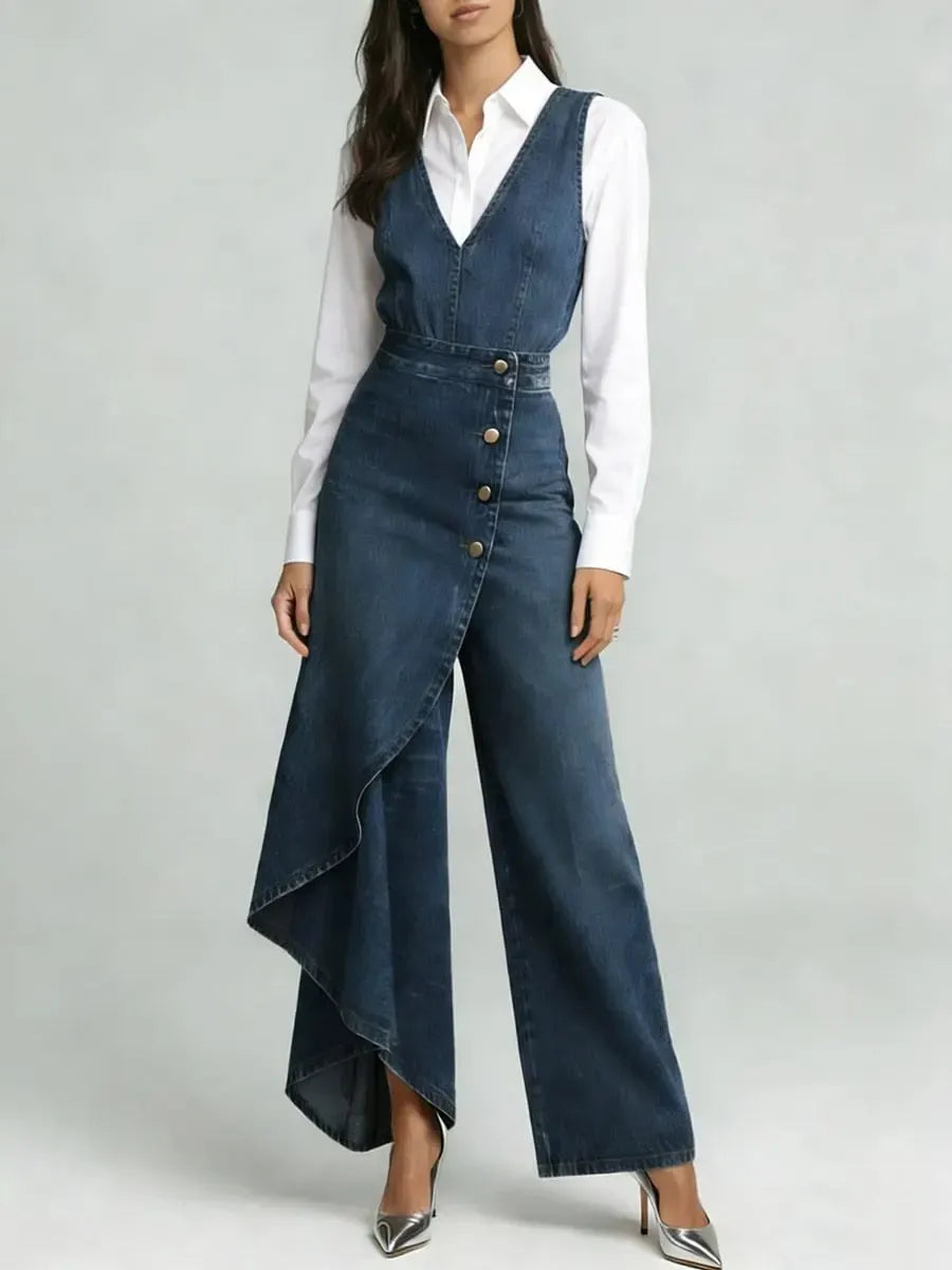 Women's Asymmetric Denim Jumpsuit - Elegant High-Waist Sleeveless V-Neck One-Piece with Ruffles