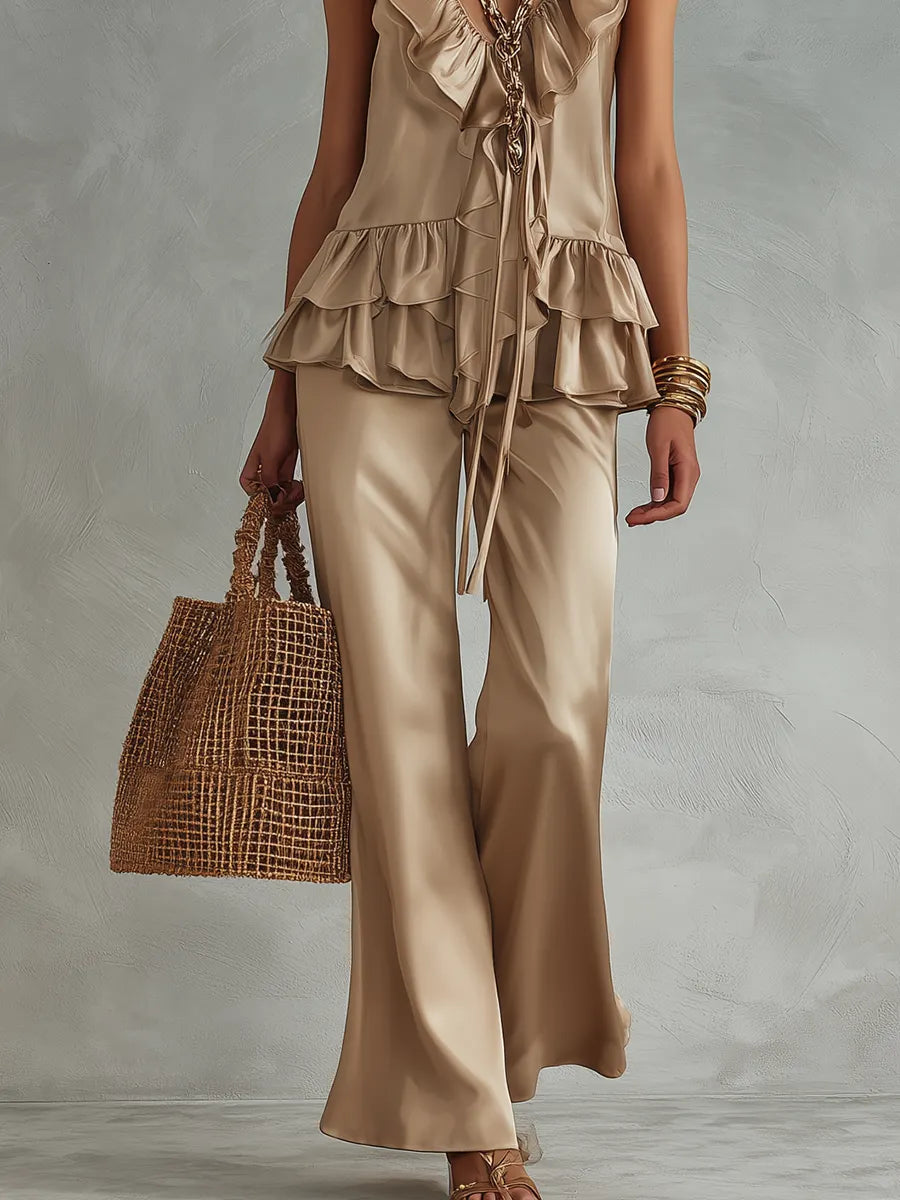 Beige Ruffled Satin Top And Wide-leg Trousers Set