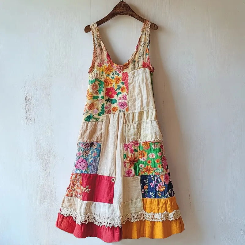 Boho Floral Pattern Patchwork Linen Blend Dress e79f