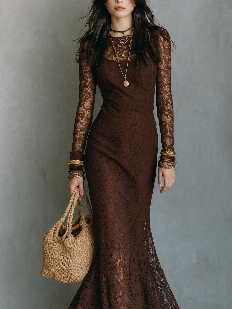 Resort Evening Sheer Sleeve Lace Bodycon Maxi Dress