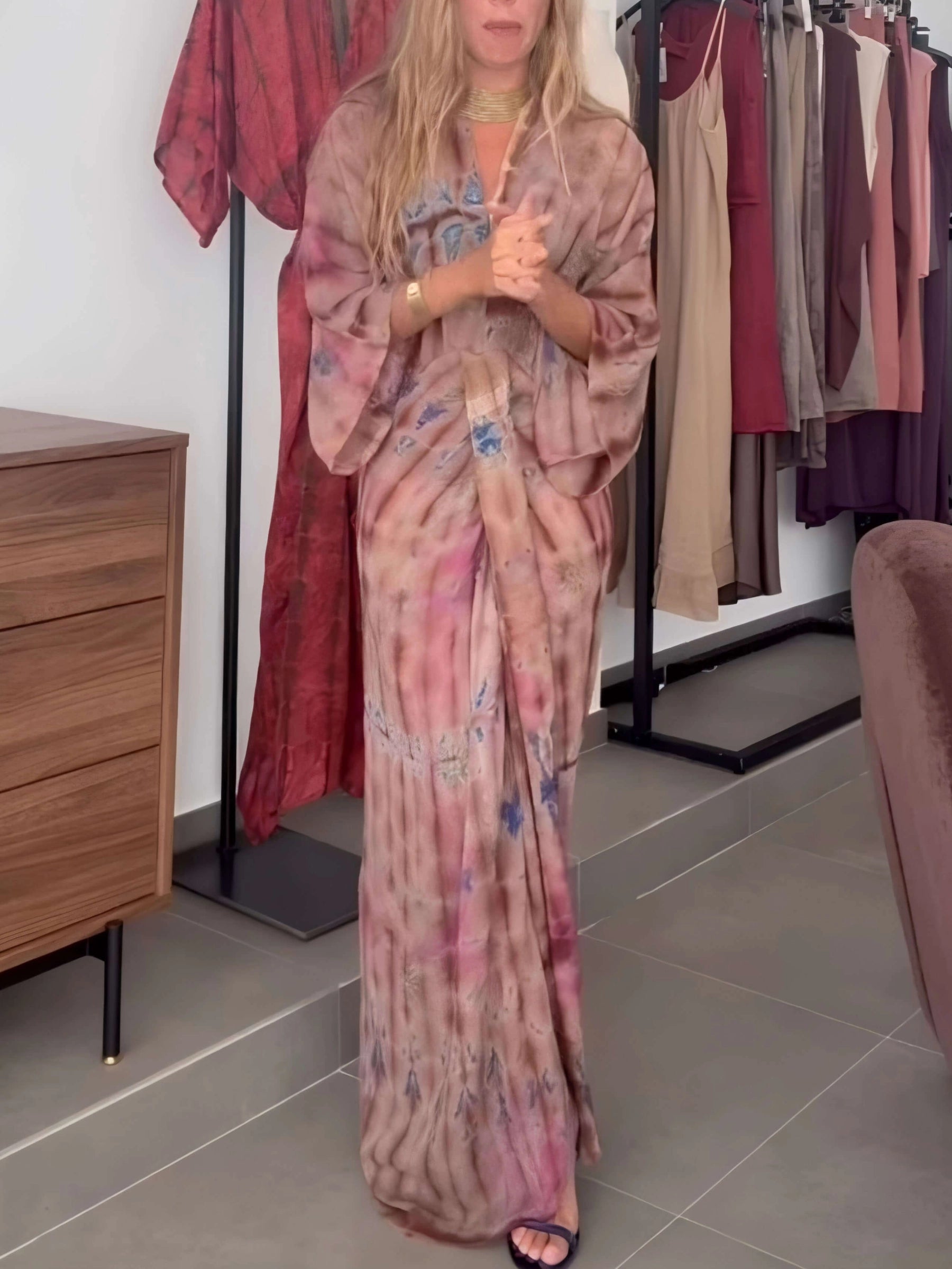 Tie-Dye V-Neck Batwing Sleeve Waist Tie Maxi Dress