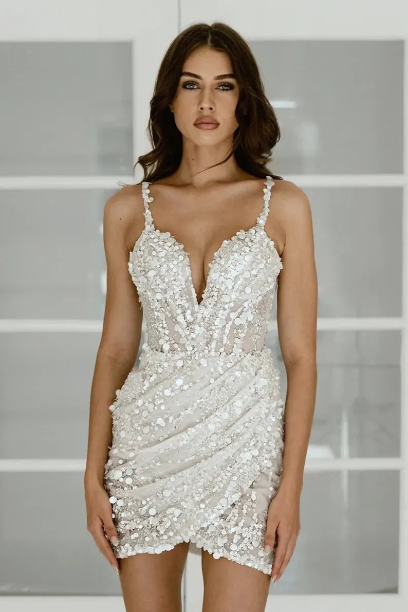 Custom wedding dress for the bride. Sexy V-deep short wedding dress. Beaded mini wedding dress with spaghetti sleeves for the party.