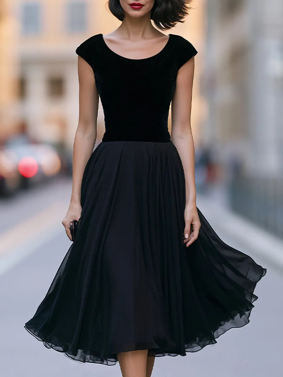 Velvet Bodice Flowing A-Line Midi Dress