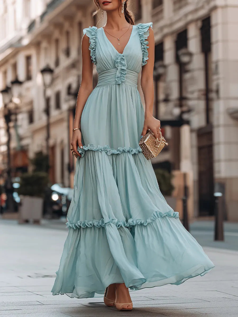 Ruffled V-Neck Sleeveless Tiered Maxi Dress With Flowing Silhouette