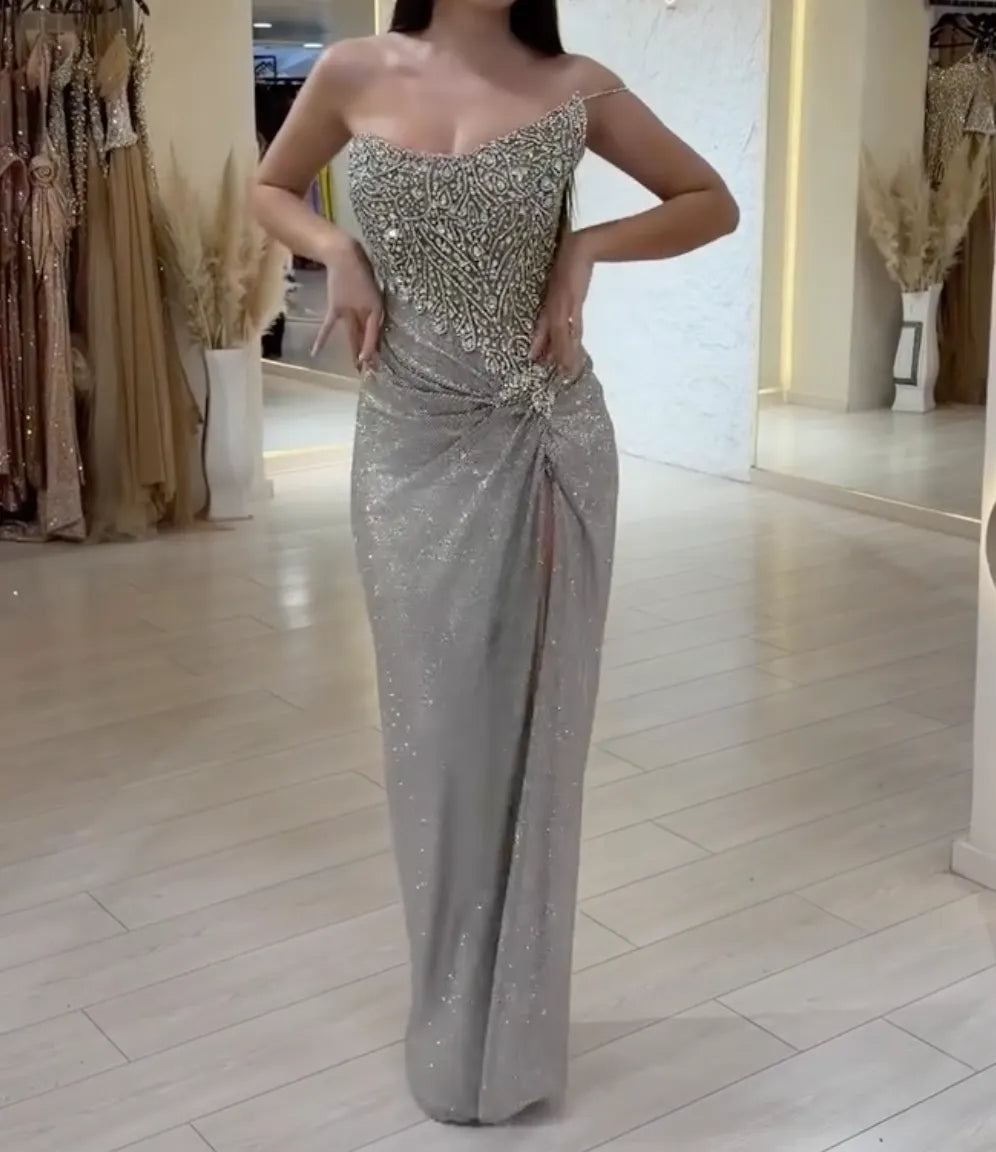 Silver Grey One Strap Sweetheart Evening Maxi Dress - Rhinestone Embellished High Slit Mermaid Formal Gown