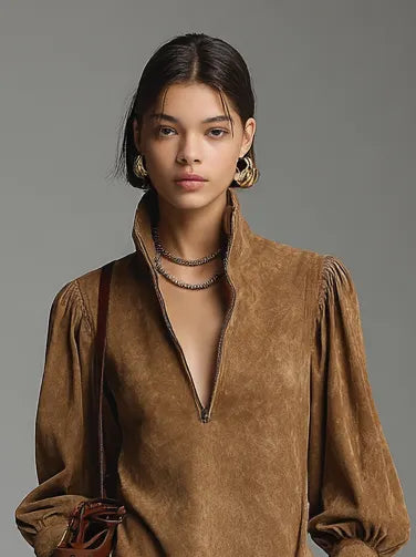 Women's Fashion Loose Suede Zipper Turtleneck Mini Dress MDA2738H7Y
