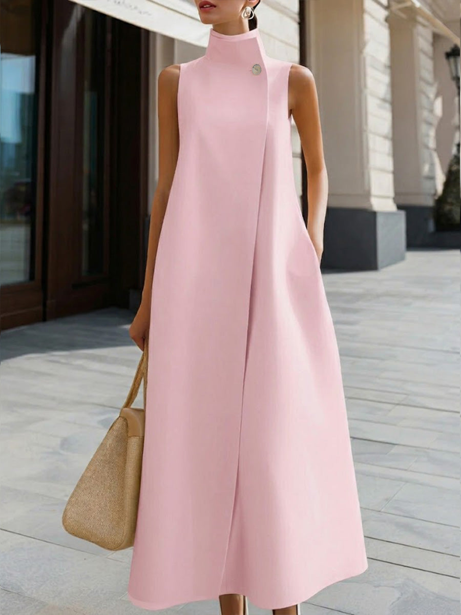 Women's Solid Color Stand Collar Sleeveless Casual Loose Cotton Linen Dress