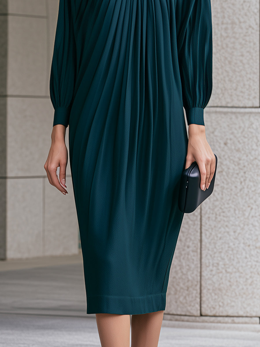 Elegant Pleated Lantern-Sleeve Midi Dress