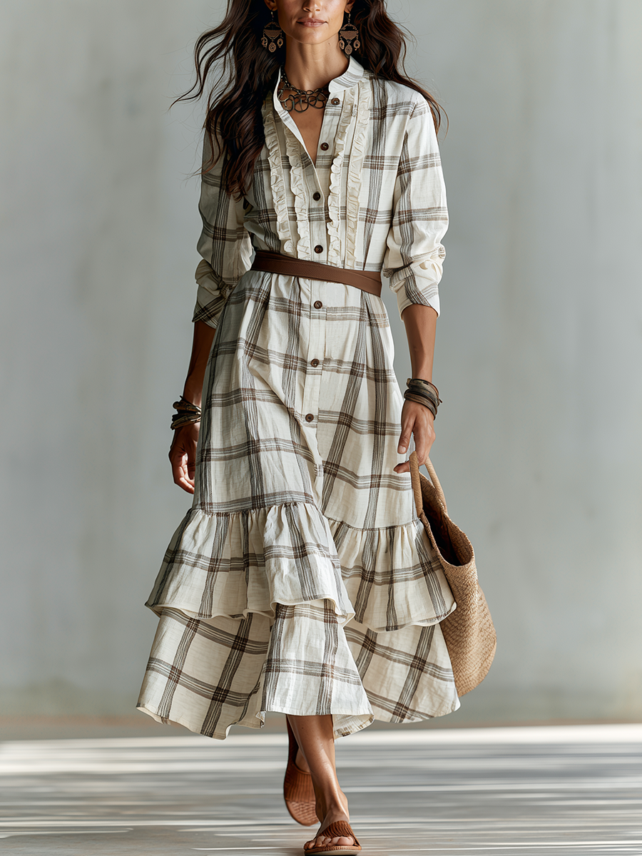 Classic Ivory Plaid Ruffle Shirt Midi Dress