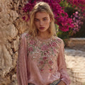 Vintage Boho Pink Roses Embroidered Flowy Linen Crew Neck Tunic