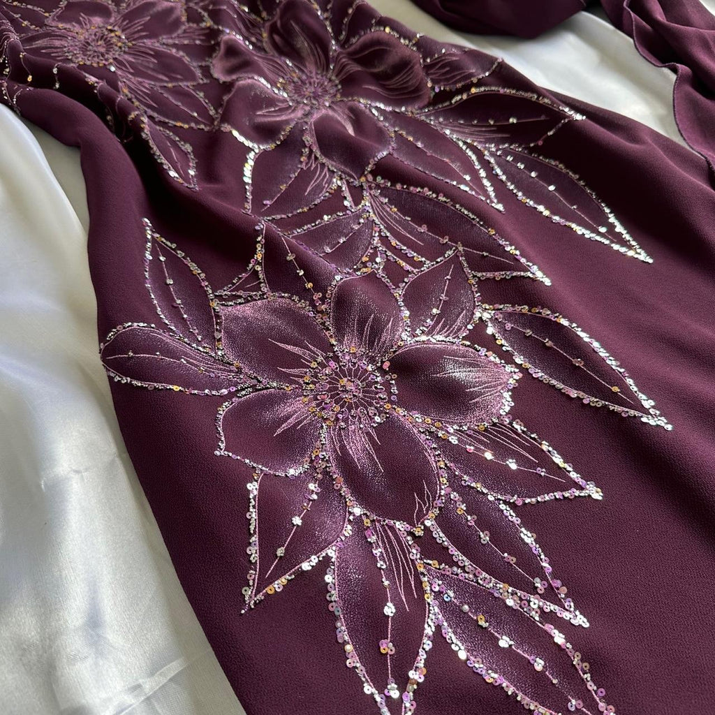 🍇✨ Deep Plum Purple Beautiful Beautiful Vintage Gorgeous Fashion Elegant Delicate Floral Beaded Long beaded Chiffon Flowing Ball Gown Evening Gown Birthday Wedding Guest Party Dress Prom Gown Mother of the Bride Gown