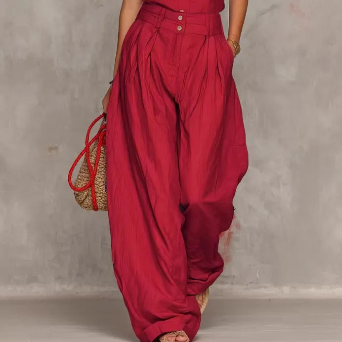 Elegant V-Neck Button-Up Jumpsuit Set with Wide-Leg Pants