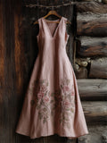 Classy Pink Roses Embroidered Linen Maxi Dress