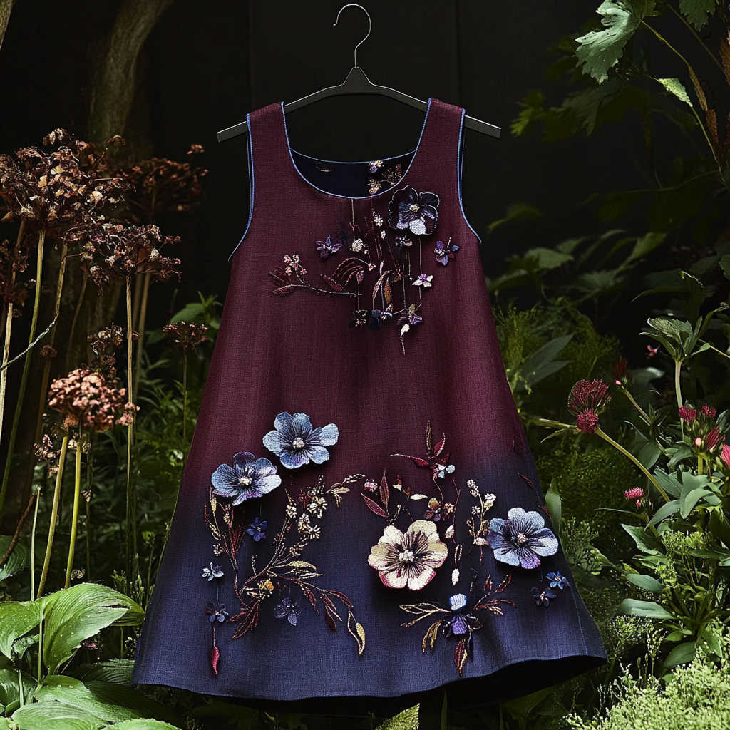 Vintage Pansy Embroidered Linen Sleeveless Dress