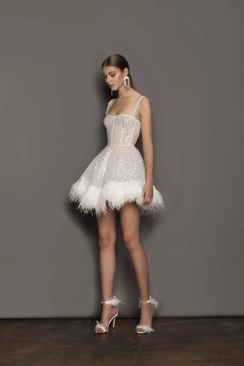 Sexy short A-line wedding dress with feathers. Wedding dress with sequin lace. Custom wedding dress, tailored to the bride's measurements.