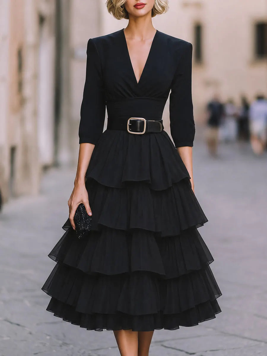 Belted Plunging V-Neck Tiered Ruffle Midi Dress