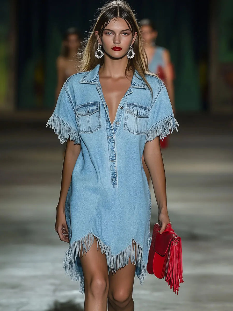 [24-hour shipping out]Casual Loose Vintage Denim Short Sleeve Shirt Tassel Mini Dress