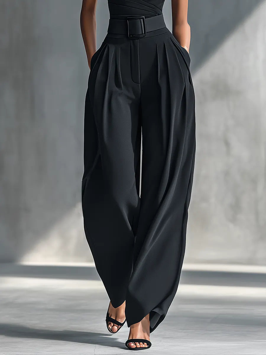 Women's Black High-elastic Knit Top And Acetate Wide-leg Pants MDZ1068B3T
