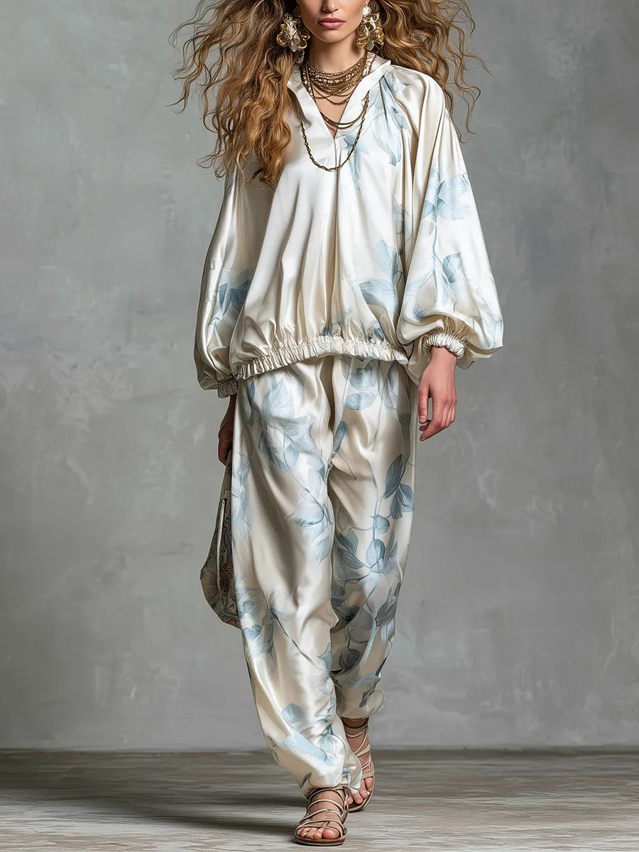 Bohemian Blue Printed Satin Suit