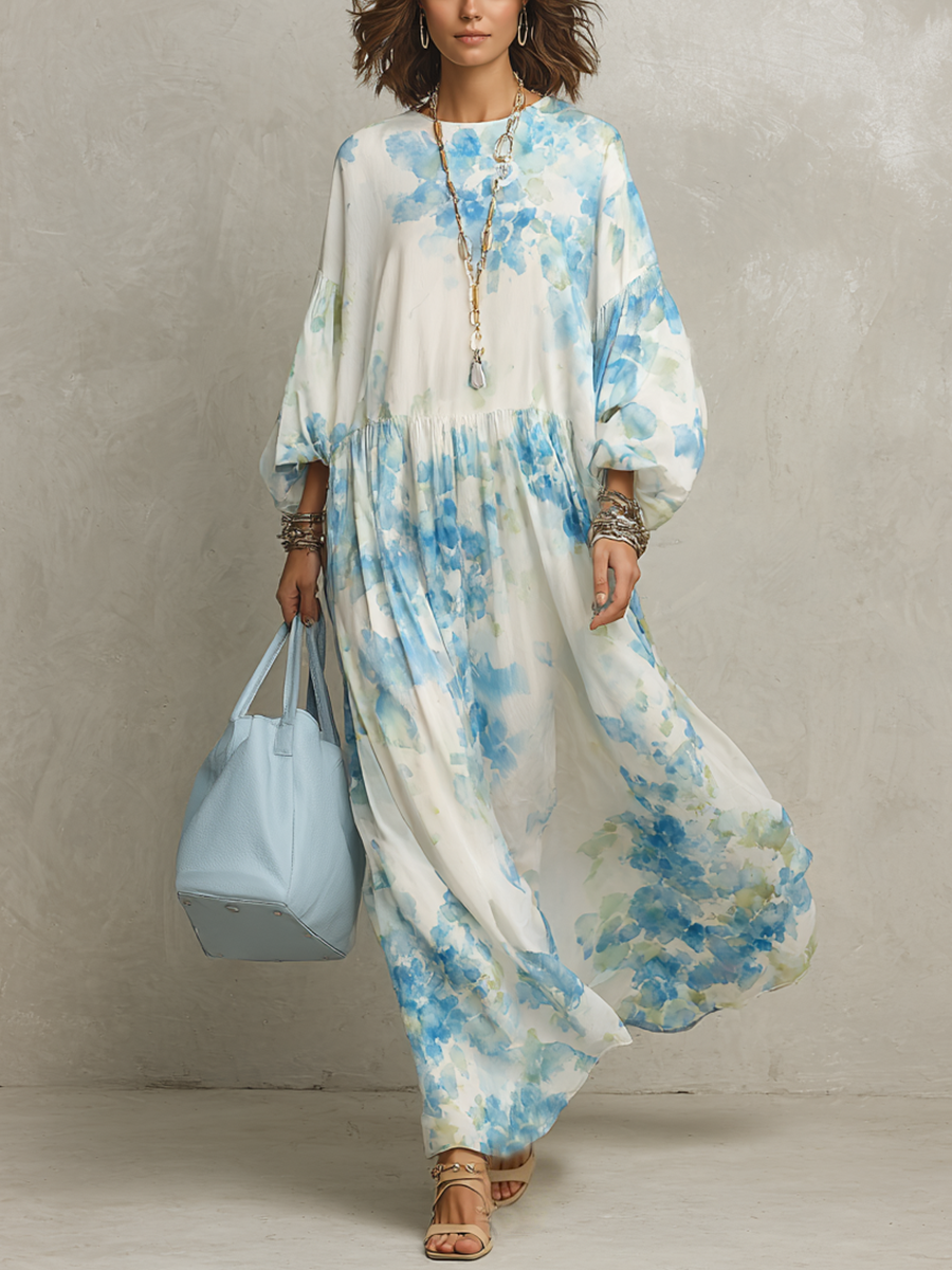 Fresh Sky Blue Watercolor Puff Sleeve Flowy Maxi Dress