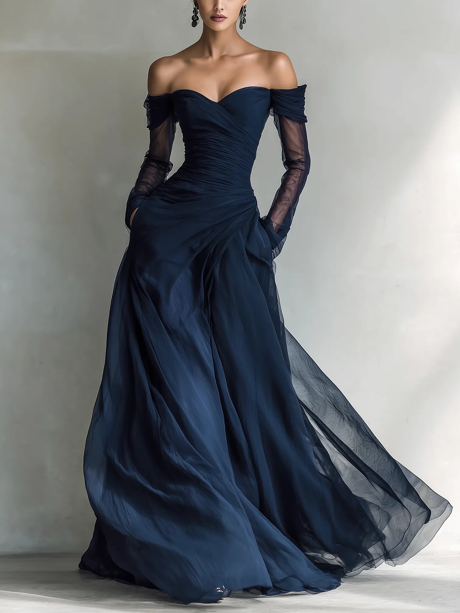 Elegant Off-Shoulder Chiffon Organza Maxi Dress