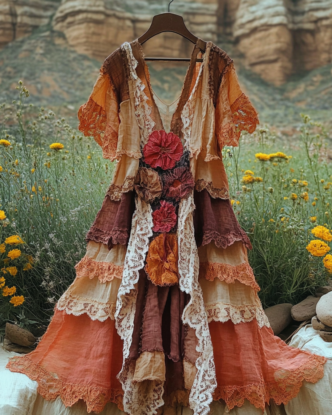 Summer Vintage Floral Lace Patchwork Dress d4d6